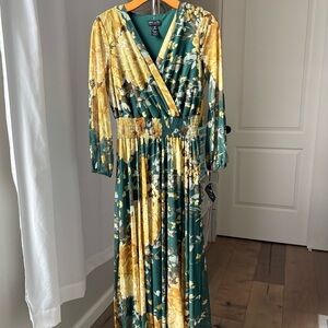 Chic Yellow and Green Wrap Dress with Bishop Sleeves